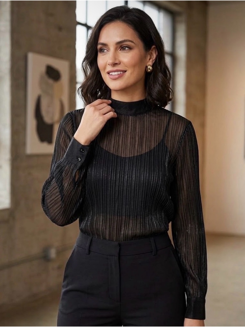 Sheer Pleated Mock-Neck Blouse - Black
